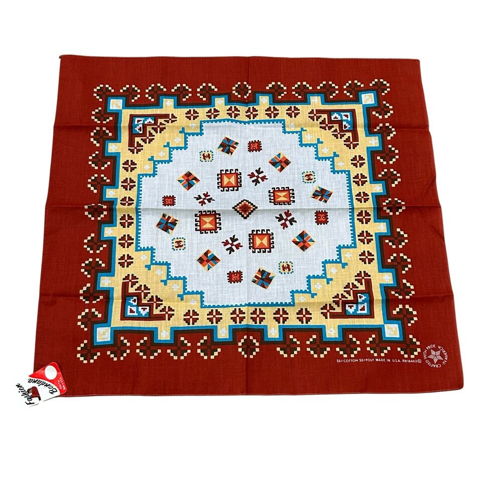 Vintage 1980s Deadstock Southwestern Bandana USA Made 21x22 Geometric Print -